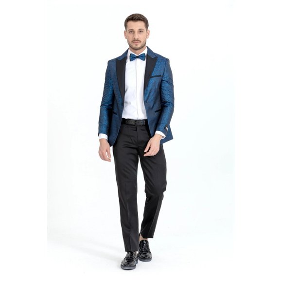 Derman Blue Patterned Shiny Fabric Tuxedo - Picture 2 of 7